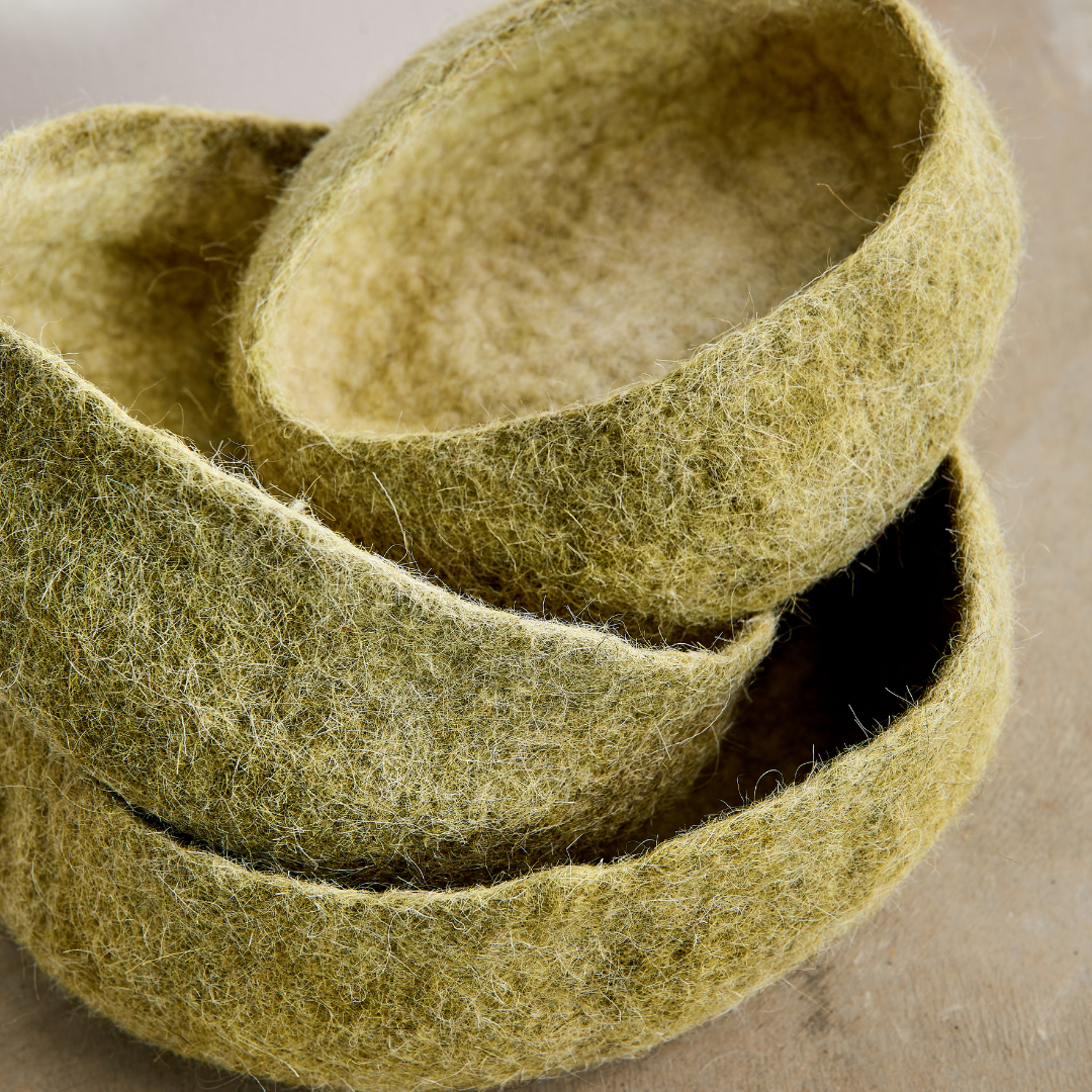 Olive Hand Felted Nesting Bowls