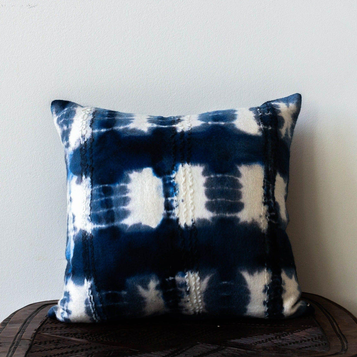 Adire Pillow kanju interiors african decor blue white indigo royal tie dye hand made felt hand felted Merino wool natural organic color accent pillow cushion throw decor lounge comfortable soft unique accent 