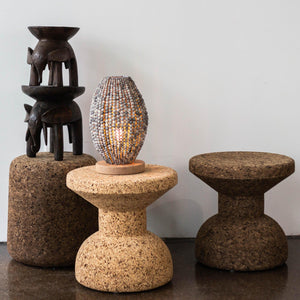 African Cork Stools kanju Interiors cork recycled harvested light cork dark cork natural organic colorful options customizable custom colors side table accent round stool seat durable modern minimal unique luxury indoor outdoor