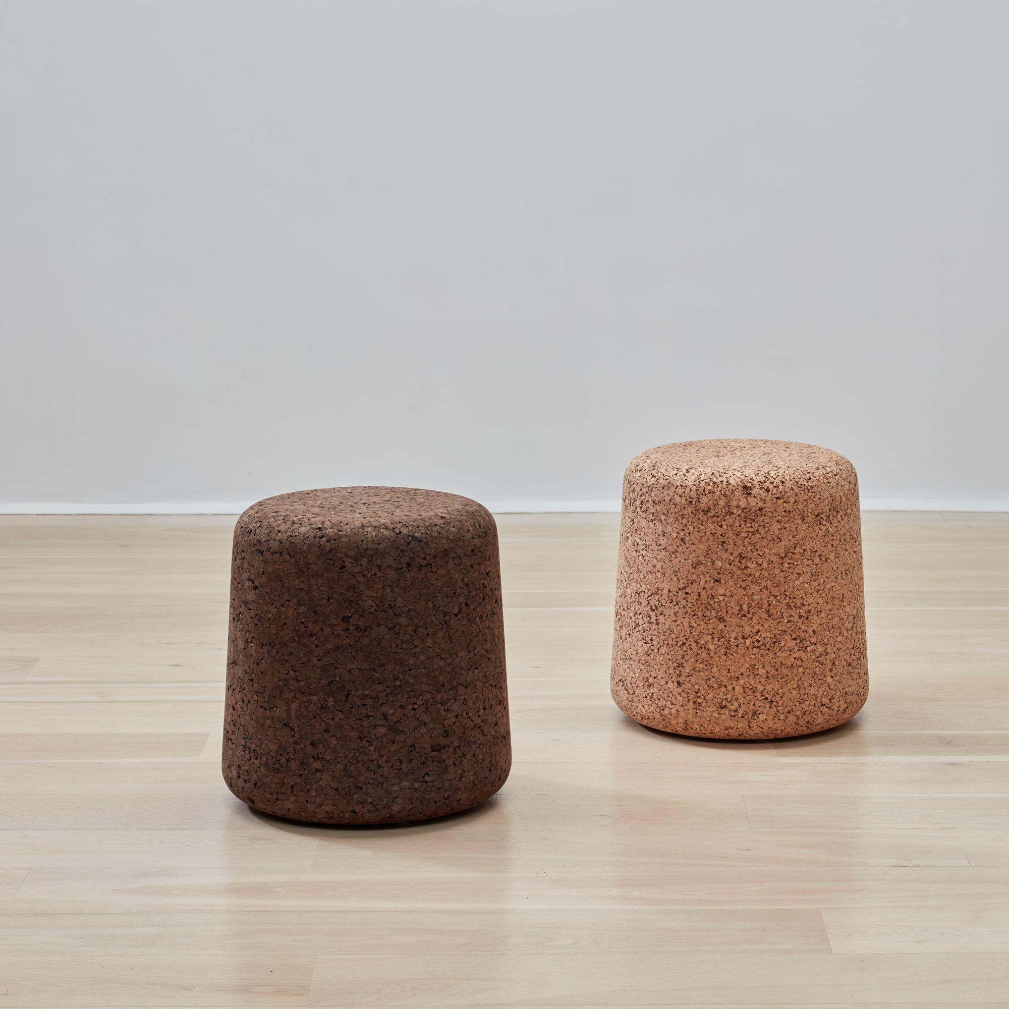 African Cork Stools kanju Interiors cork recycled harvested light cork dark cork natural organic colorful options customizable custom colors side table accent round stool seat durable modern minimal unique luxury indoor outdoor