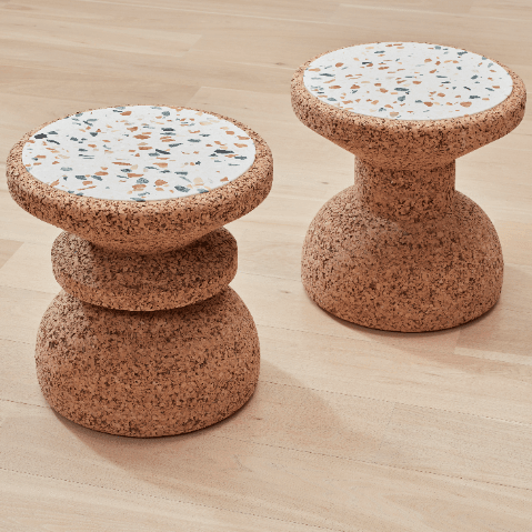 African Cork and Terrazzo Side Table kanju Interiors cork recycled harvested light cork dark cork terrazzo colorful color white blue green orange red side table accent round stool seat durable modern minimal unique luxury