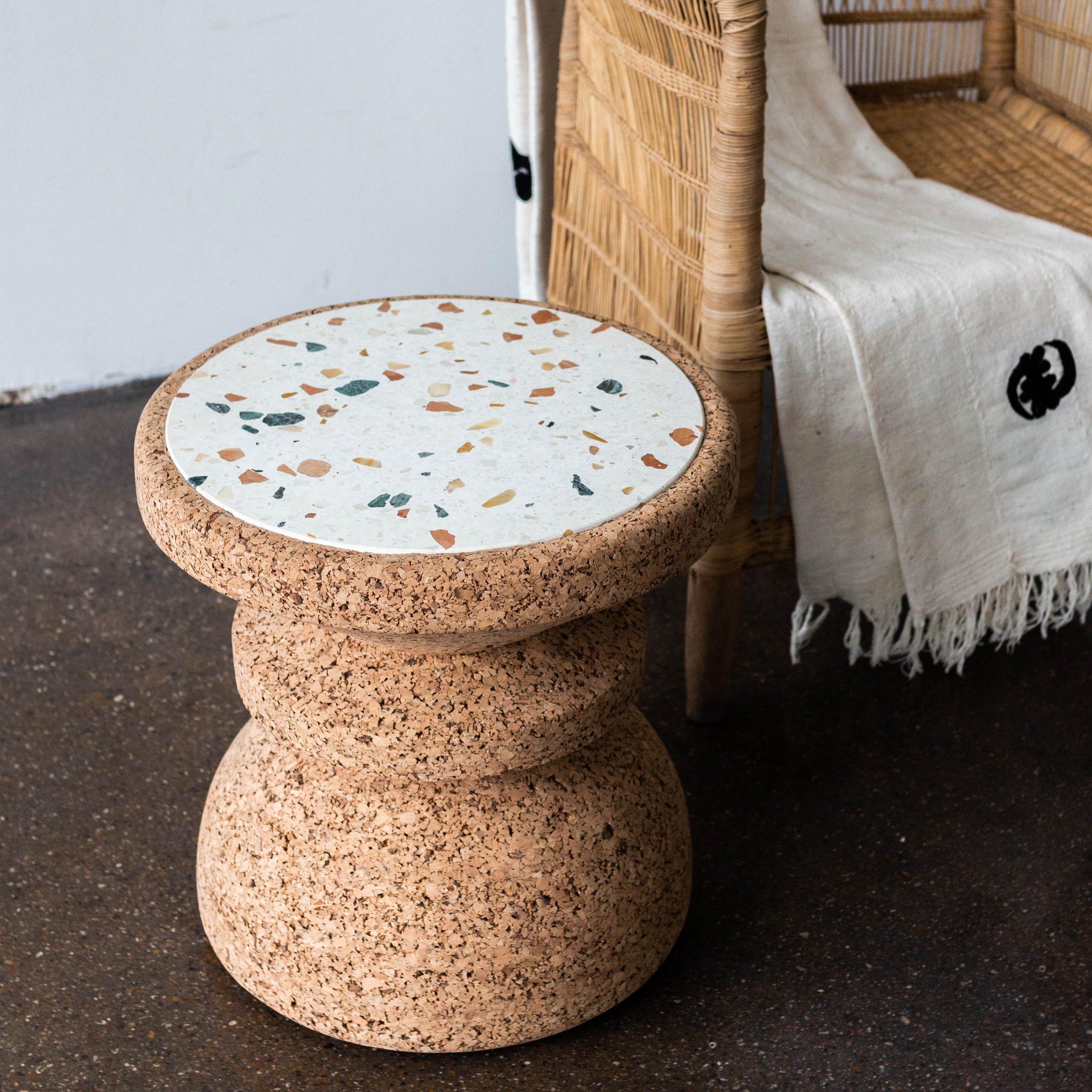 African Cork and Terrazzo Side Table kanju Interiors cork recycled harvested light cork dark cork terrazzo colorful color white blue green orange red side table accent round stool seat durable modern minimal unique luxury