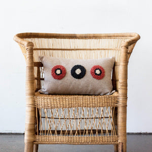 AfriScandi Circles Pillow kanju Interiors African décor handmade natural organic color accent pillow cushion throw decorative lounge comfortable comfy unique modern contemporary stylish soft accent durable minimal couch chair bed handmade luxury thick plush yarn texture punch needle knitting simplicity original embroidered South Africa quality cotton cream black white tangerine 