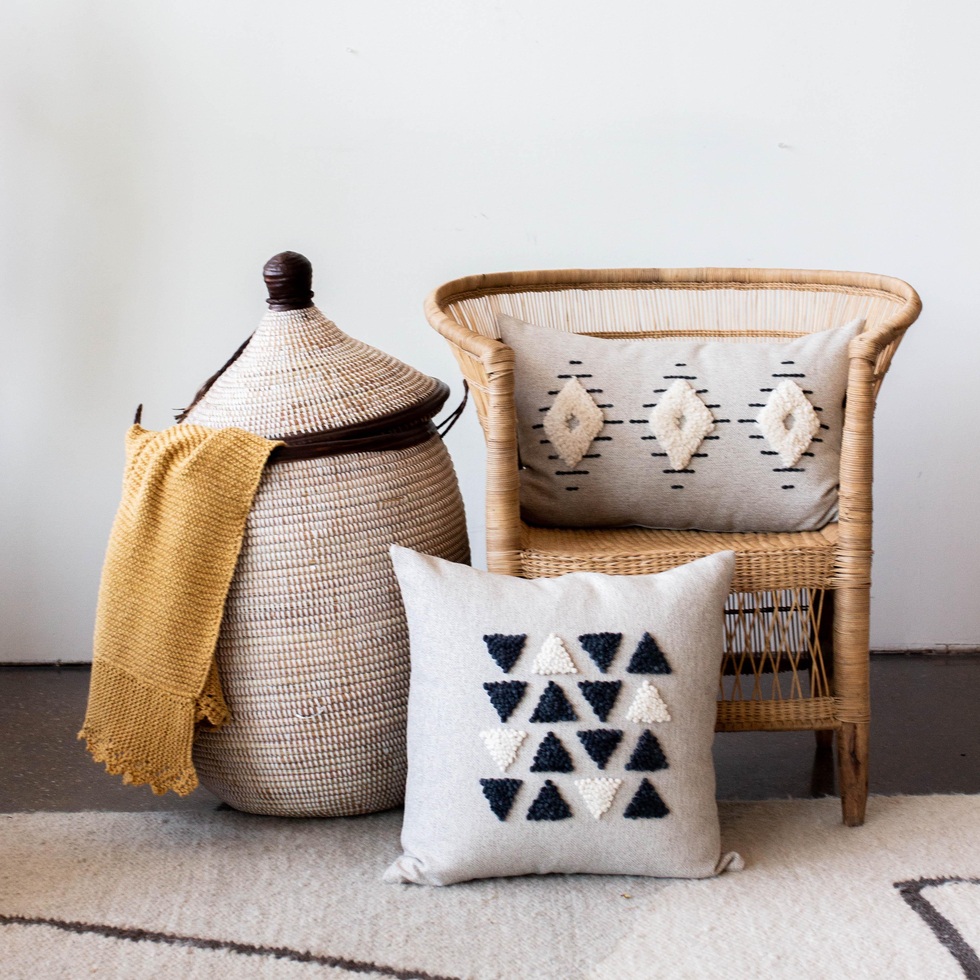 AfriScandi Harvest Pillow kanju interiors African décor handmade natural organic color accent pillow cushion throw decorative lounge comfortable comfy unique modern contemporary stylish soft accent durable minimal couch chair bed handmade luxury thick plush yarn texture punch needle knitting simplicity original embroidered South Africa quality cotton cream black white triangles geometric