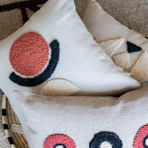 AfriScandi Sunrise Pillow kanju interiors African décor handmade natural organic color accent pillow cushion throw decorative lounge comfortable comfy unique modern contemporary stylish soft accent durable minimal couch chair bed luxury hand made thick plush yarn texture punch needle knitting simplicity original embroidered South Africa quality cotton cream black white tangerine circle half circle