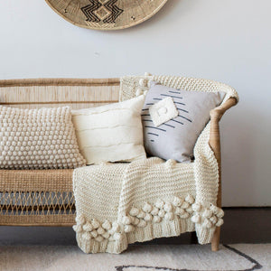 Aran Blanket kanju interiors African décor handmade natural organic neutral accent throw blanket decorative lounge comfortable comfy unique modern contemporary stylish soft durable minimal couch chair bed luxury hand made thick plush yarn chunky woven texture bobble knitted decoration simplicity merino wool Karoo durable functional wool cream South Africa home good gift