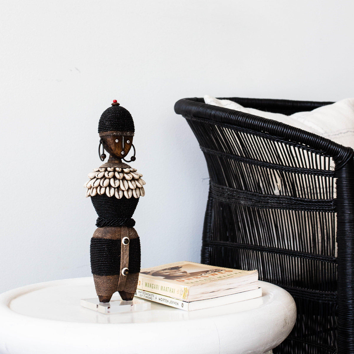Black Namji Dolls kanju interiors Cameroon rounded geometric form beaded necklace cowrie shell decoration decorative decor table top shelf decor historical traditional tribal cultural gift fashionable style unique one of a kind colorful sizes hard wood glass beads statue