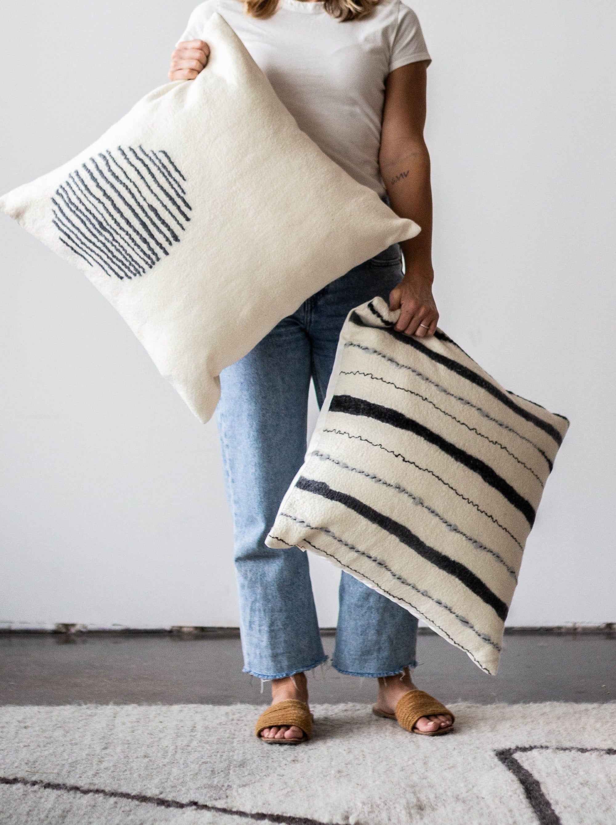 Chunky Stripe Pillow kanju Interiors African décor handmade natural organic color accent pillow cushion throw decorative lounge comfortable comfy unique modern contemporary stylish soft accent durable minimal couch chair bed luxury hand made home good gift hand felted felt merino wool mohair yarn hand dyed felting natural white charcoal grey stripes lines 