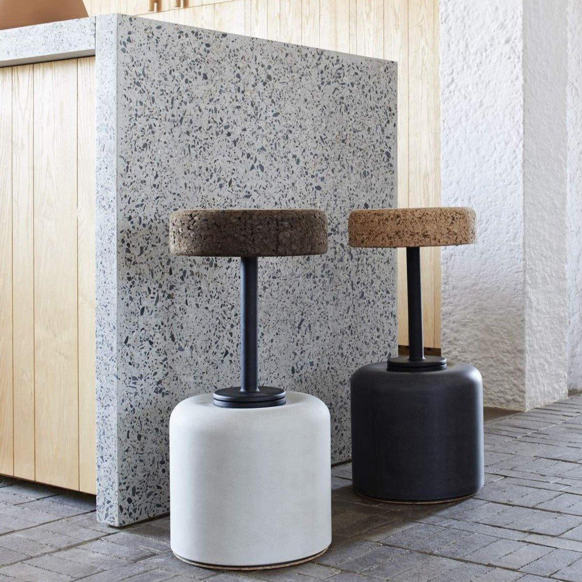 kanju interiors cork swivel bar stool dark light durable sustainable mid century modern statement indoor outdoor steel concrete base