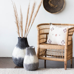 Eclipse Gourd kanju interiors floor table shelf organic unique modern contemporary stylish minimal luxury home goods gift hand felted felt hand dyed karakul wool South Africa functional décor decorative decoration texture soft durable washable collapsible ombre gourd basket small large charcoal gray natural white storage planter