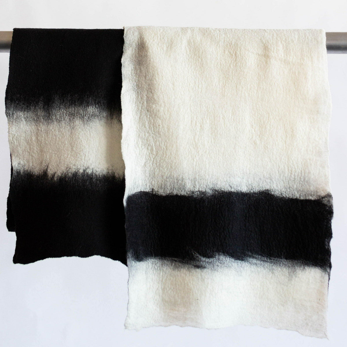 kanju interiors eclipse hand felted scarf felt merino wool mohair yearn dyed organic simple minimal white black mid century modern comfortable comfy gift accessory warm