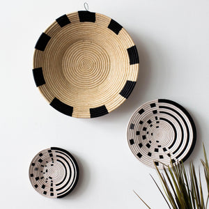 kanju interiors geometric statement platter black natural traditional modern woven grass weave coil stitch zulu basket decorative functional storage decor minimal decorative vessel
