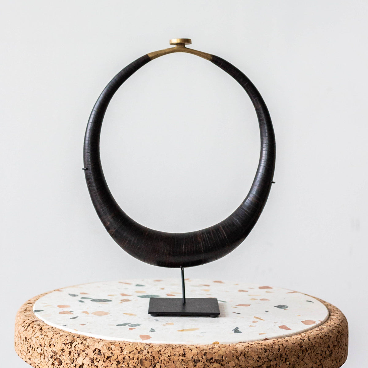 Mahogany Coconut Shell Necklace kanju interiors African décor mounted handcrafted collar necklace décor decorative decoration shell stand display shelf mantel table unique traditional modern stylish hand made boho accent small medium large statement indo-African home goods gift Coconut shell cocoa dark brown natural gold detail 